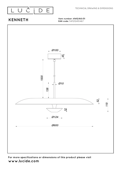 Lucide KENNETH - Pendant light - Ø 60 cm - LED Dim. - 1x16W 2700K - White | Premium - technical